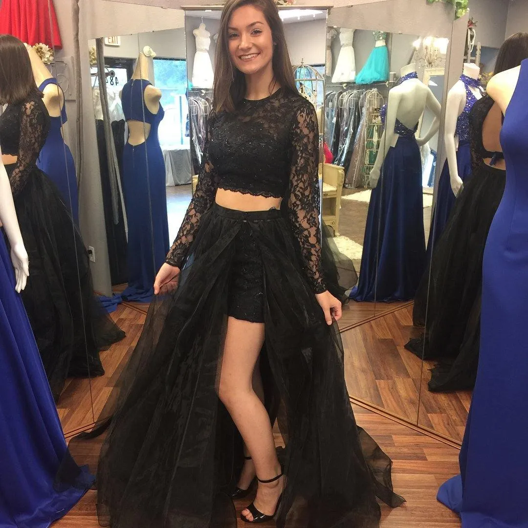 Two Pieces Black A-Line Long Sleeve O-Neck Long Prom Dresses  PG912