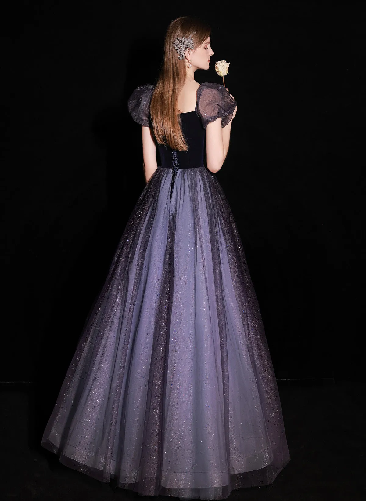 Uniwim 2024 A-line Purple Short Sleeves Tulle and Velvet Long Prom Dress, Long Party Dress