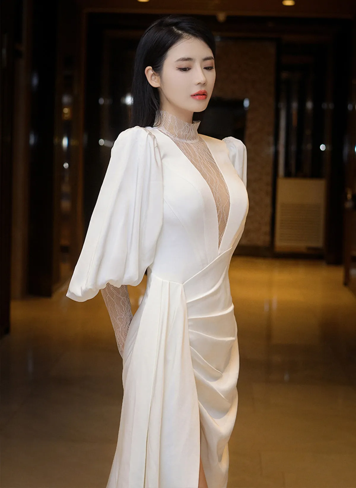 Uniwim 2024 Beautiful White Puffy Sleeves Long Party Dress with Leg Slit, White Wedding Party Dress