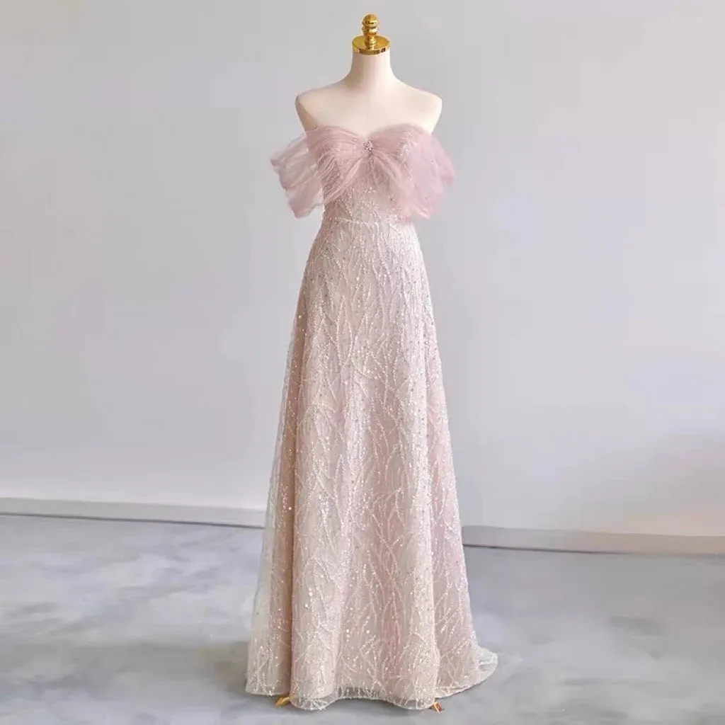 Uniwim Light Pink Bridesmaid Dresses Sweetheart Beading A-line Sequins Elegant Tulle French Style Sleeveless Formal Party Evening Gown