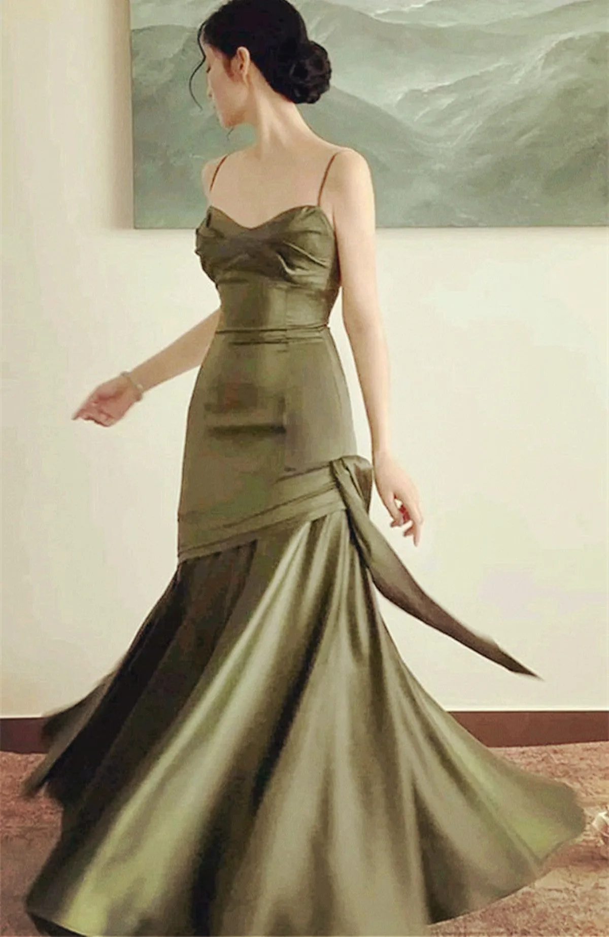 Uniwim Lovely Green Satin Sweetheart Straps Long Party Dress, Green Satin Prom Dress