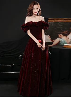 Uniwim Off Shoulder Wine Red Velvet A-line Party Dress, Wine Red Prom Dress