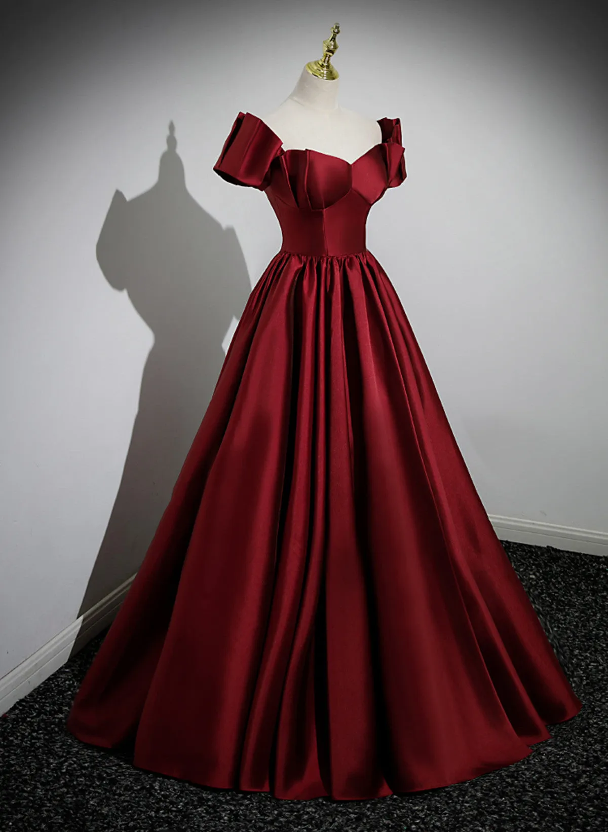 Uniwim Wine Red Satin Long Party Dress, Off Shoulder Sweetheart Floor Length Prom Dress