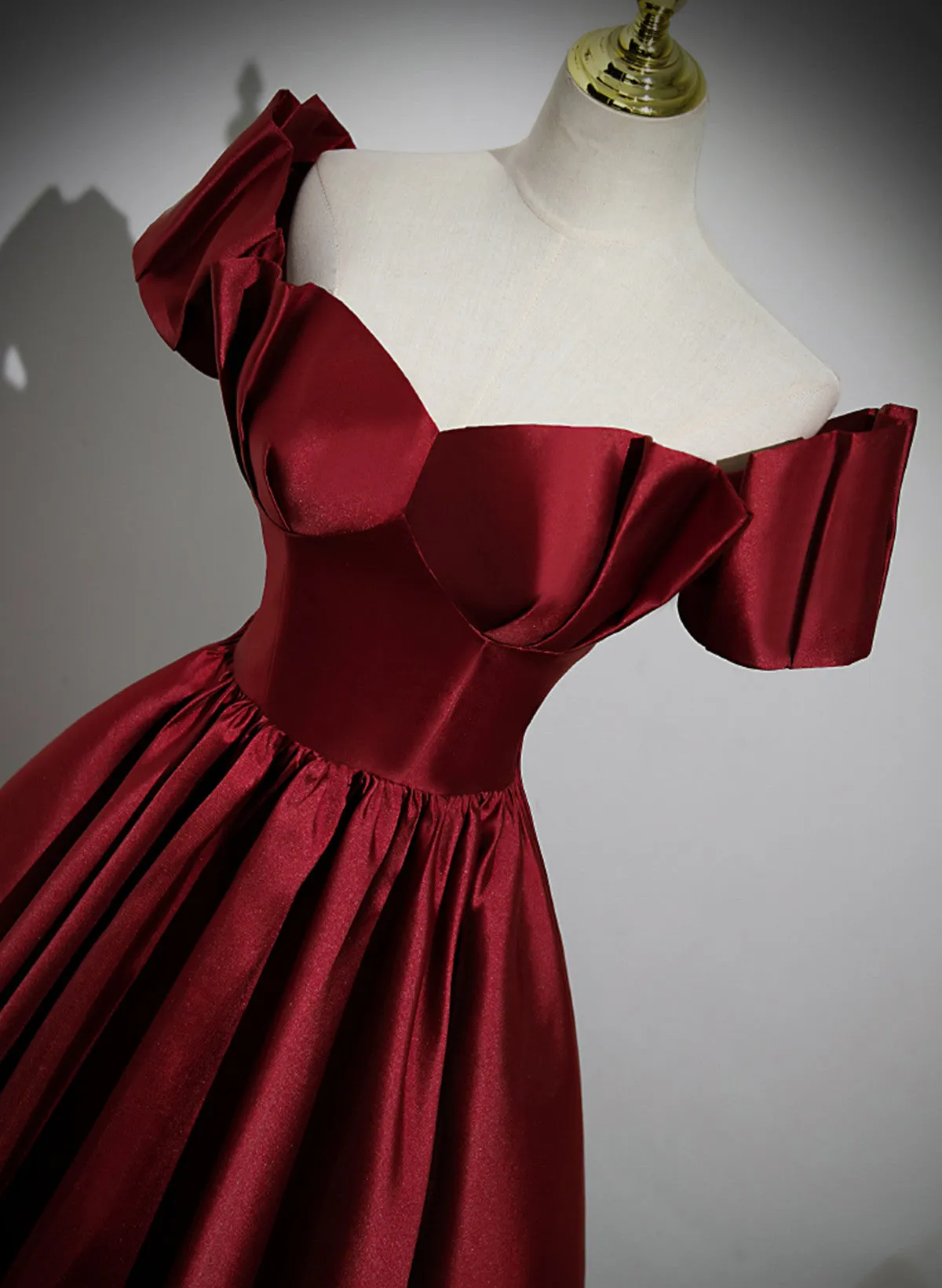 Uniwim Wine Red Satin Long Party Dress, Off Shoulder Sweetheart Floor Length Prom Dress