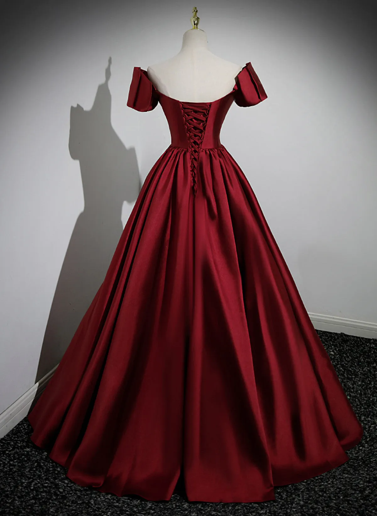 Uniwim Wine Red Satin Long Party Dress, Off Shoulder Sweetheart Floor Length Prom Dress