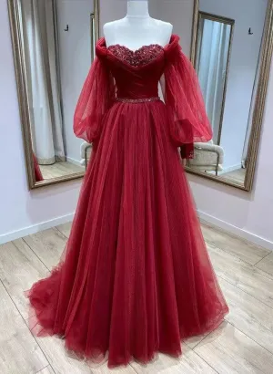 Uniwim Wine Red Tulle with Puffy Sleeves Long Party Dress, Wine Red Prom Dress