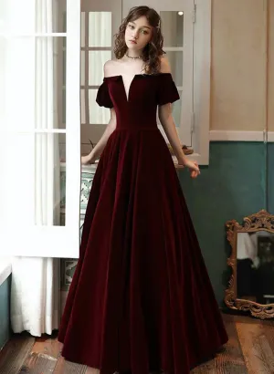 Uniwim Wine Red Velvet Off Shoulder Simple Long Party Dress, Velvet Bridesmaid Dress