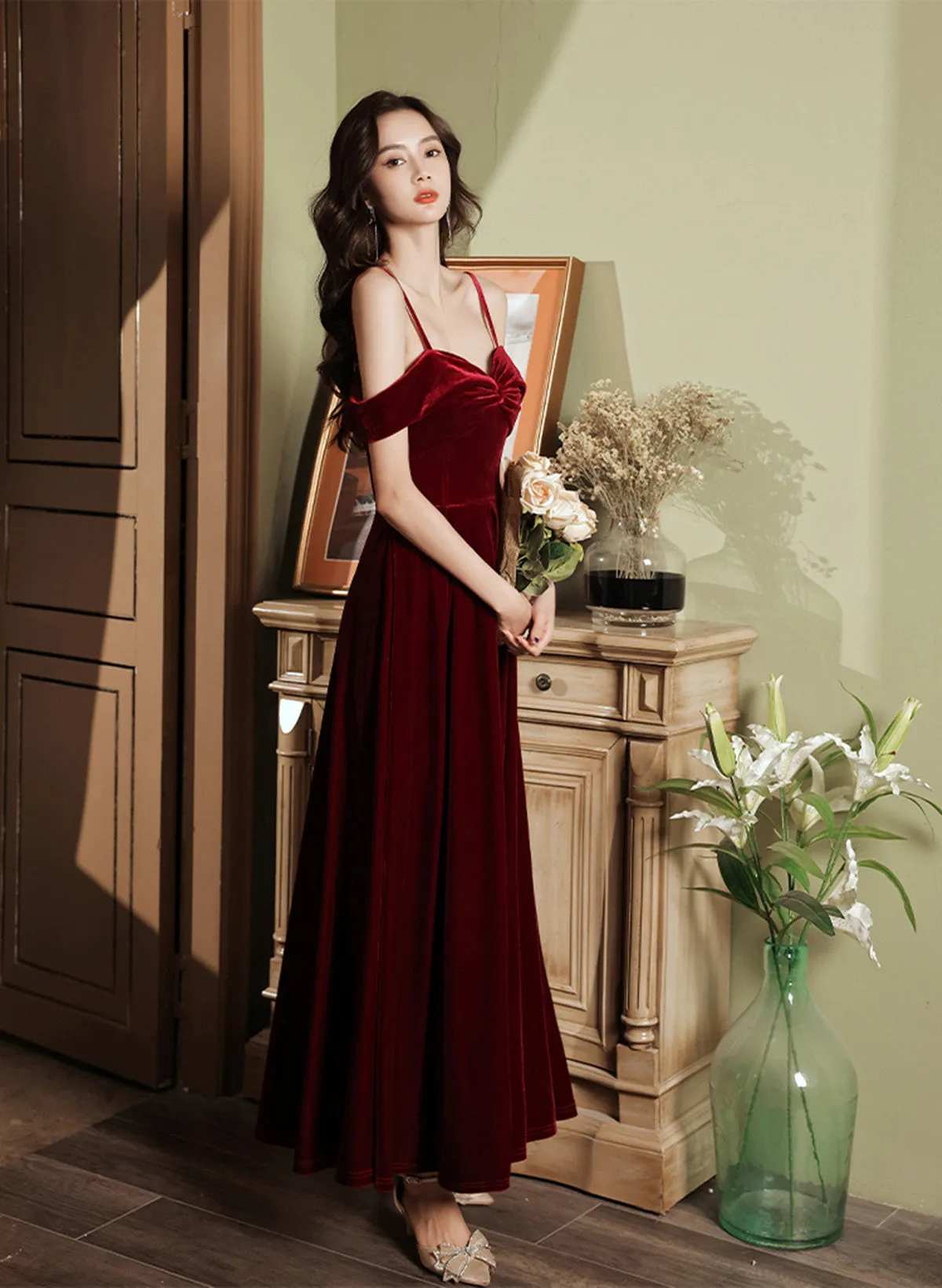 Uniwim Wine Red Velvet Simple Sweetheart Off Shoulder Party Dress, Wine Red Velvet Prom Dress