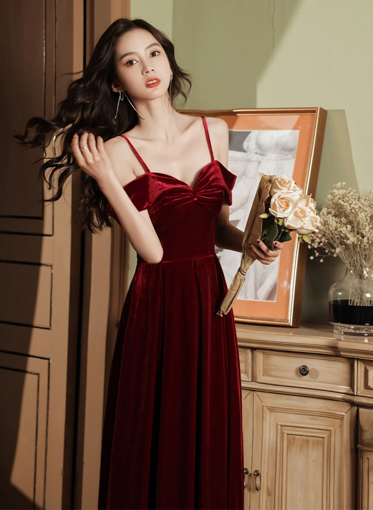 Uniwim Wine Red Velvet Simple Sweetheart Off Shoulder Party Dress, Wine Red Velvet Prom Dress