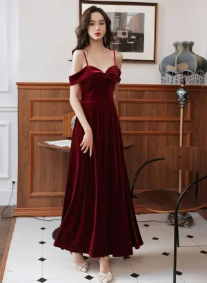 Uniwim Wine Red Velvet Simple Sweetheart Off Shoulder Party Dress, Wine Red Velvet Prom Dress