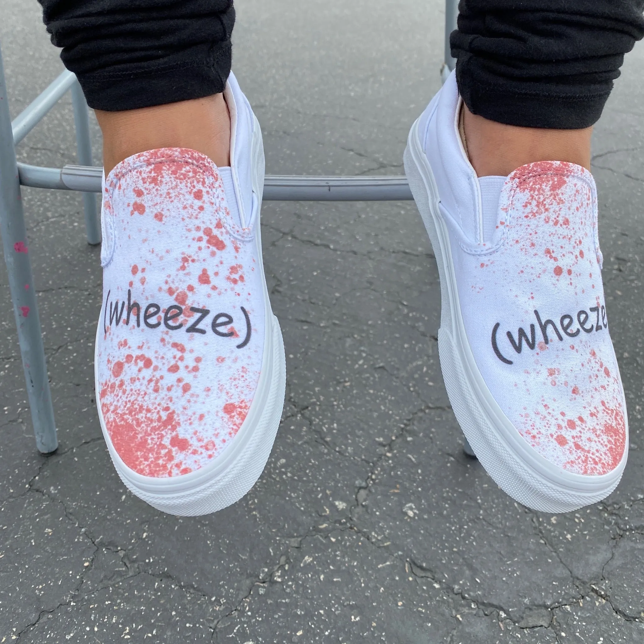 UNSOLVED Blood Splatter (wheeze) on All White Slip On VANS