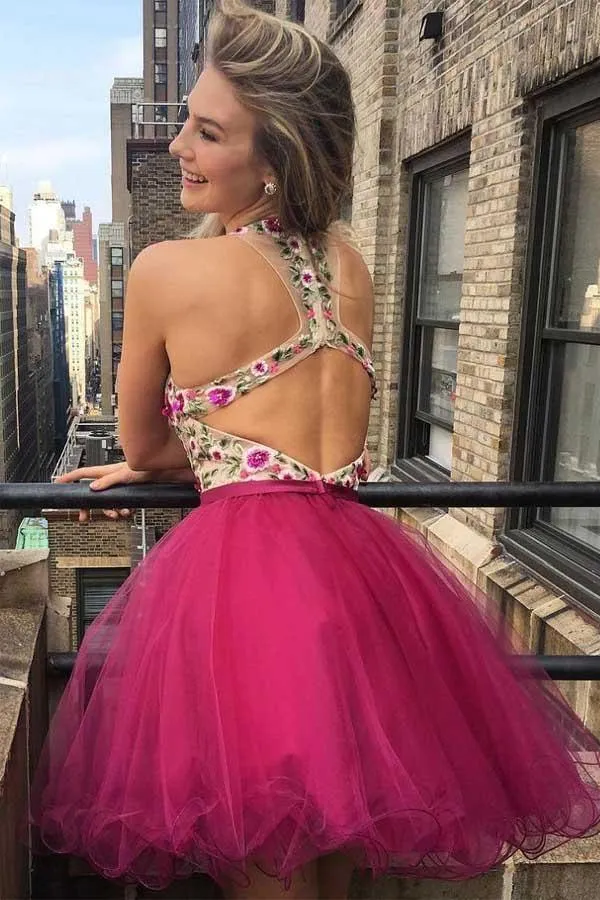 V Neck Embroidery Backless Homecoming Dresses Short Prom Dress  PD361