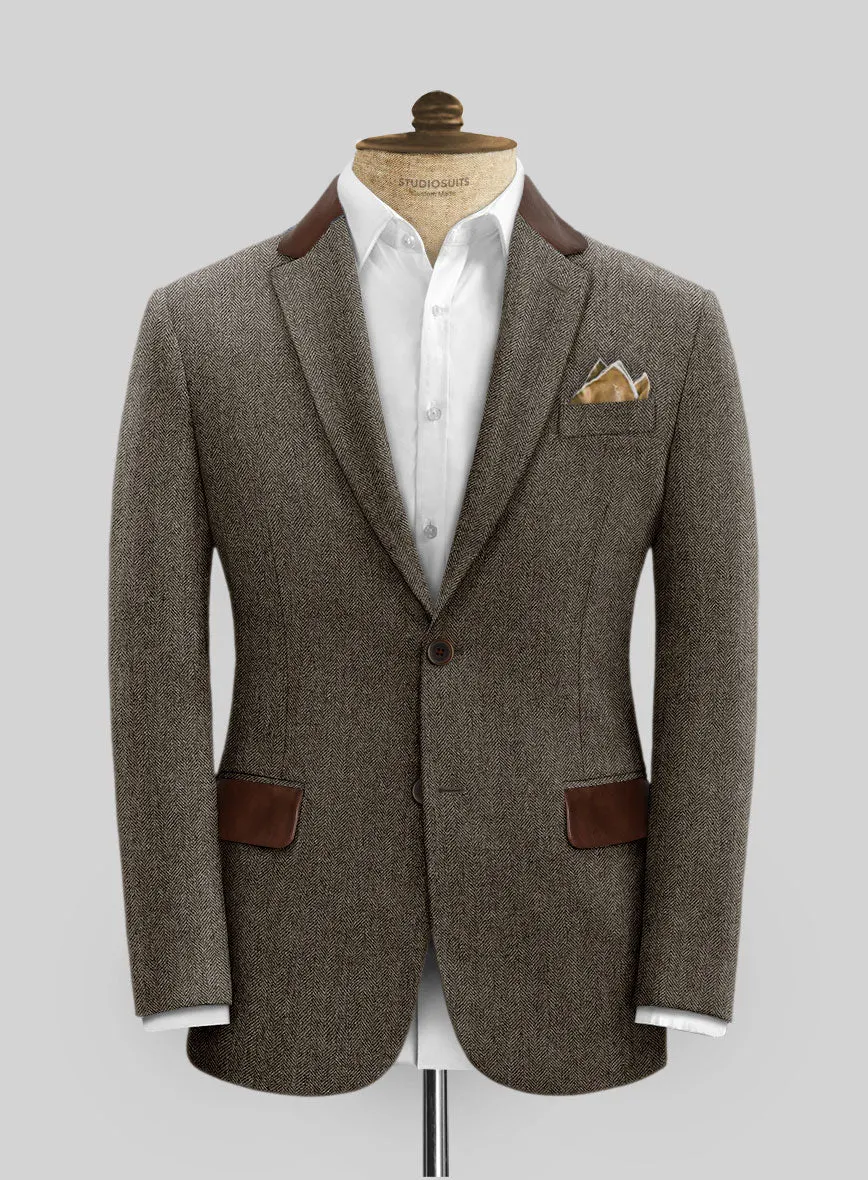 Vintage Dark Brown Herringbone Tweed Suit - Leather Trims