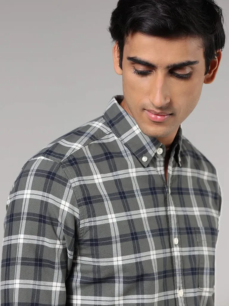 WES Casuals Olive Checked Slim-Fit Shirt