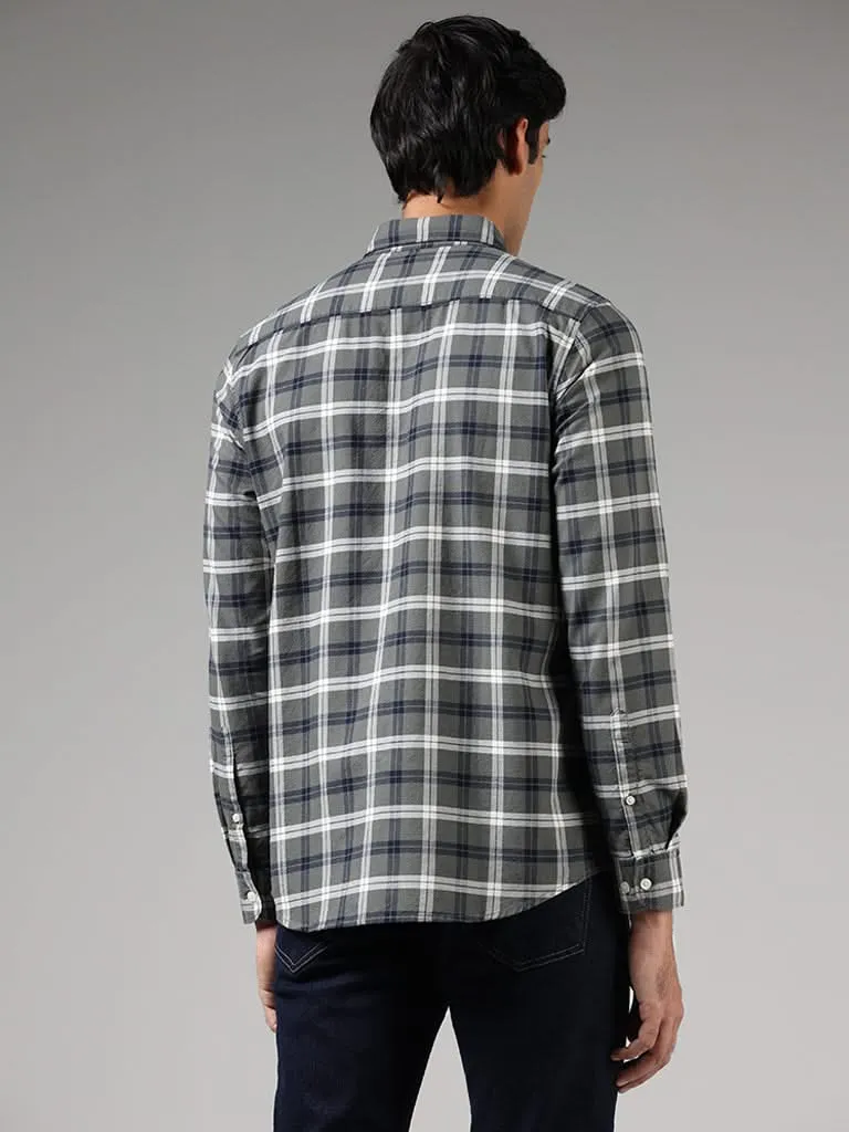 WES Casuals Olive Checked Slim-Fit Shirt