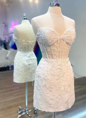 White Lace Short Sweetheart Homecoming Dress, White Graduation Dress