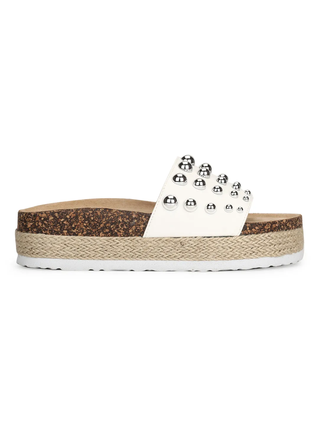 White PU Broad Beaded Strap Flatform Slip-on Wedges