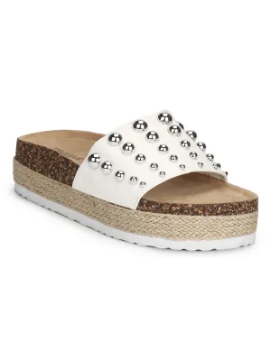 White PU Broad Beaded Strap Flatform Slip-on Wedges