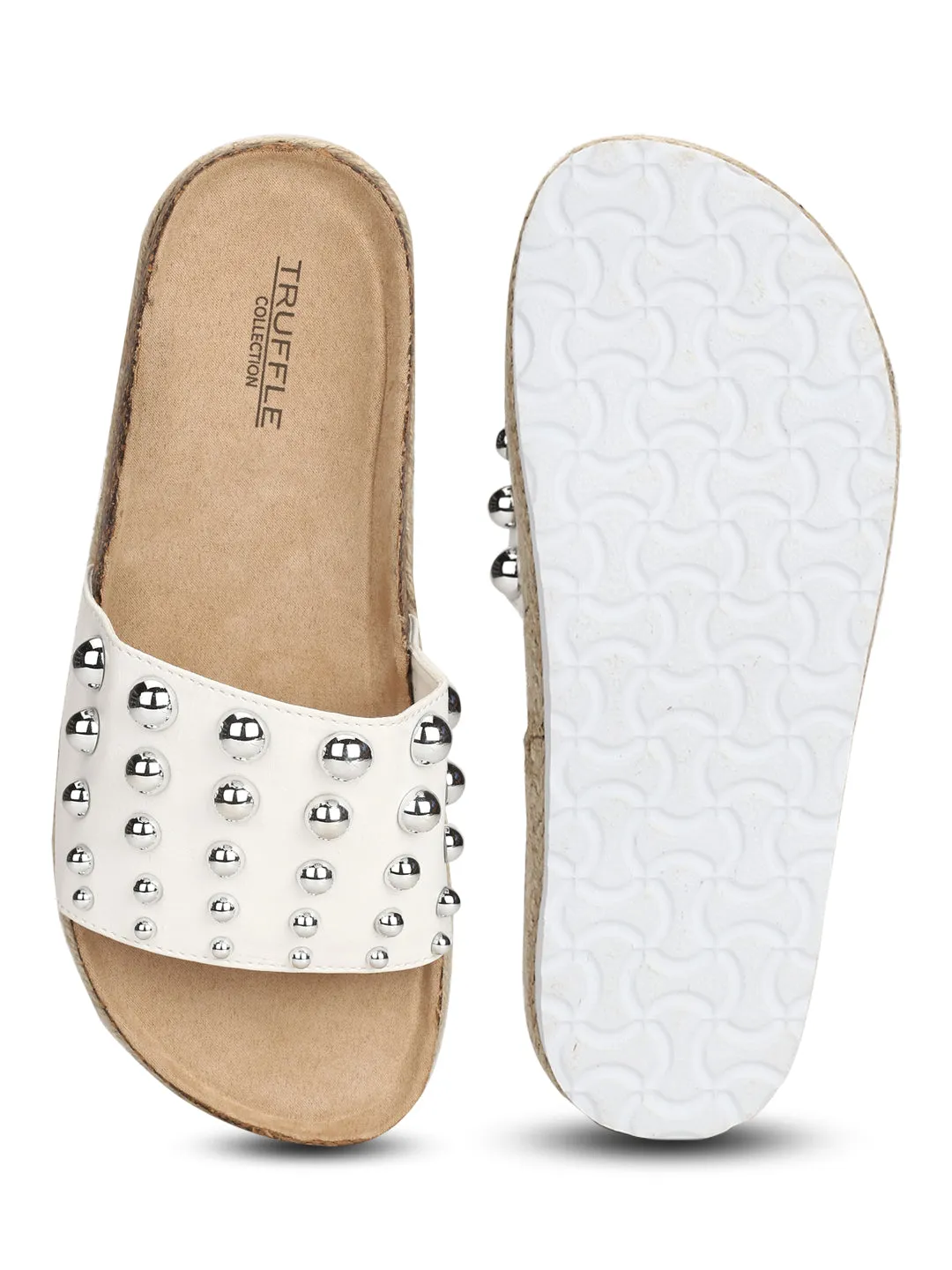 White PU Broad Beaded Strap Flatform Slip-on Wedges