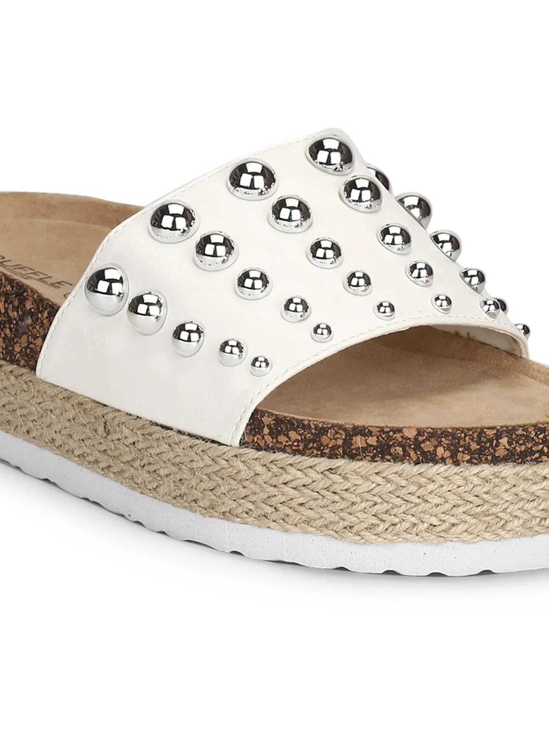 White PU Broad Beaded Strap Flatform Slip-on Wedges