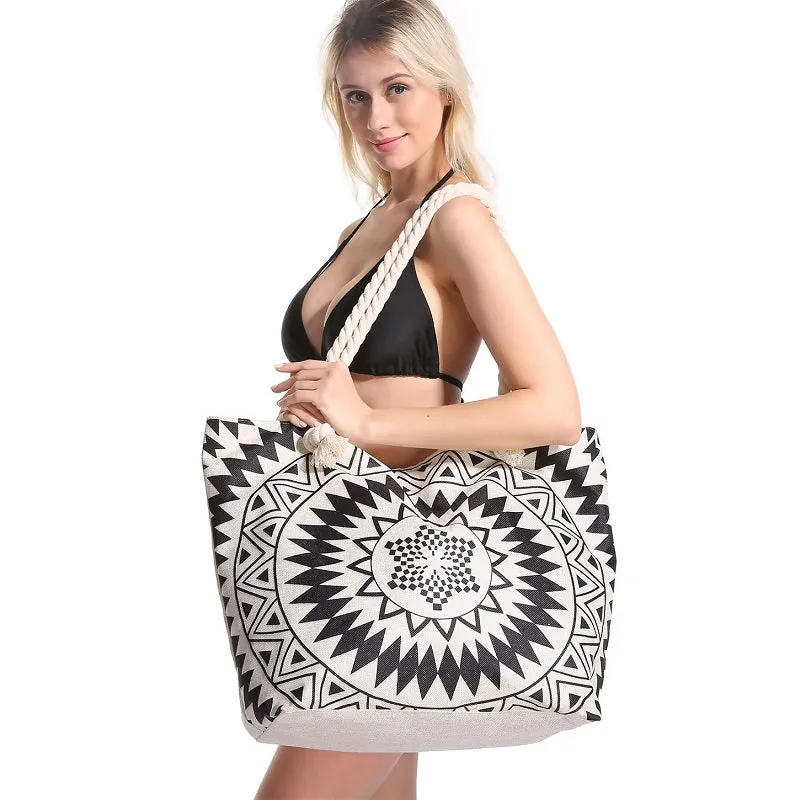 Women Bohemian Digital Print Large Capacity Waterproof Canvas Beach Bag