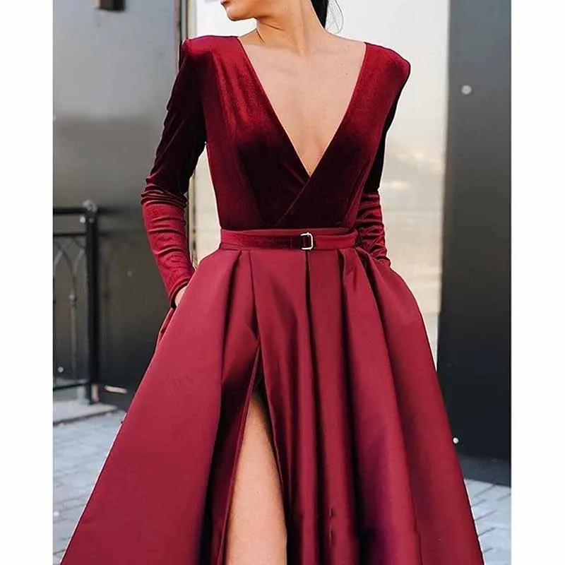 Women Long Sleeve Satin Formal Evening Dress with Pockets Prom Ball Gown