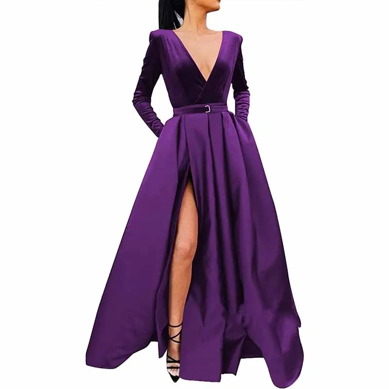 Women Long Sleeve Satin Formal Evening Dress with Pockets Prom Ball Gown