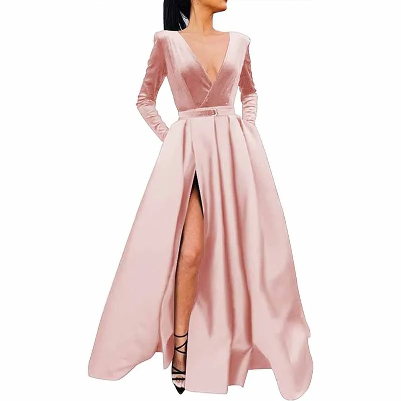 Women Long Sleeve Satin Formal Evening Dress with Pockets Prom Ball Gown