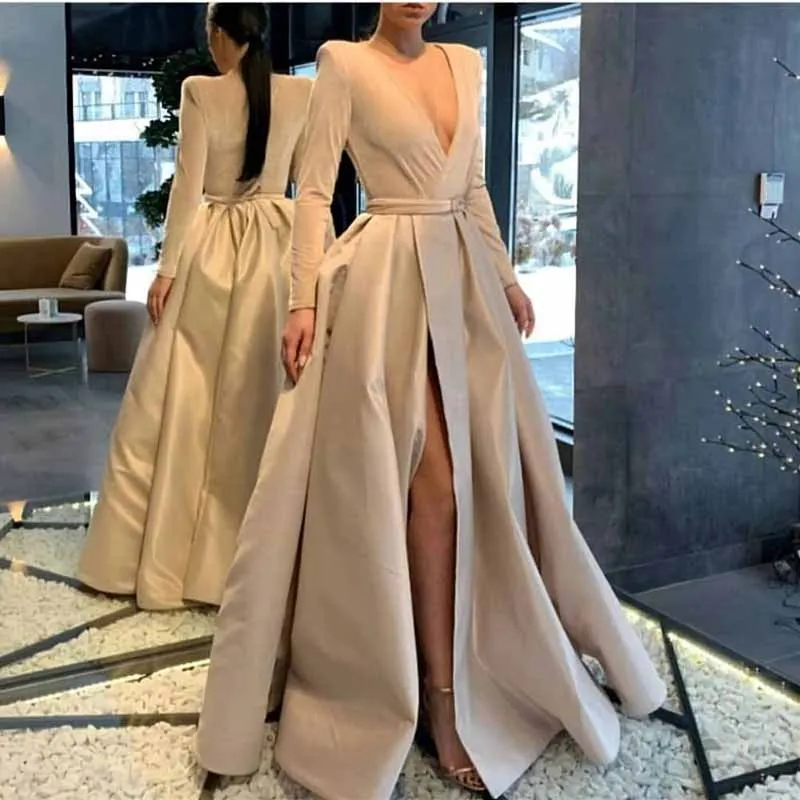 Women Long Sleeve Satin Formal Evening Dress with Pockets Prom Ball Gown