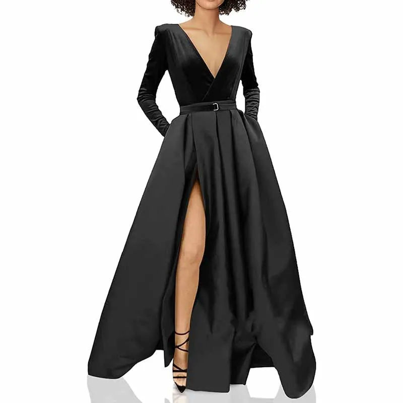 Women Long Sleeve Satin Formal Evening Dress with Pockets Prom Ball Gown