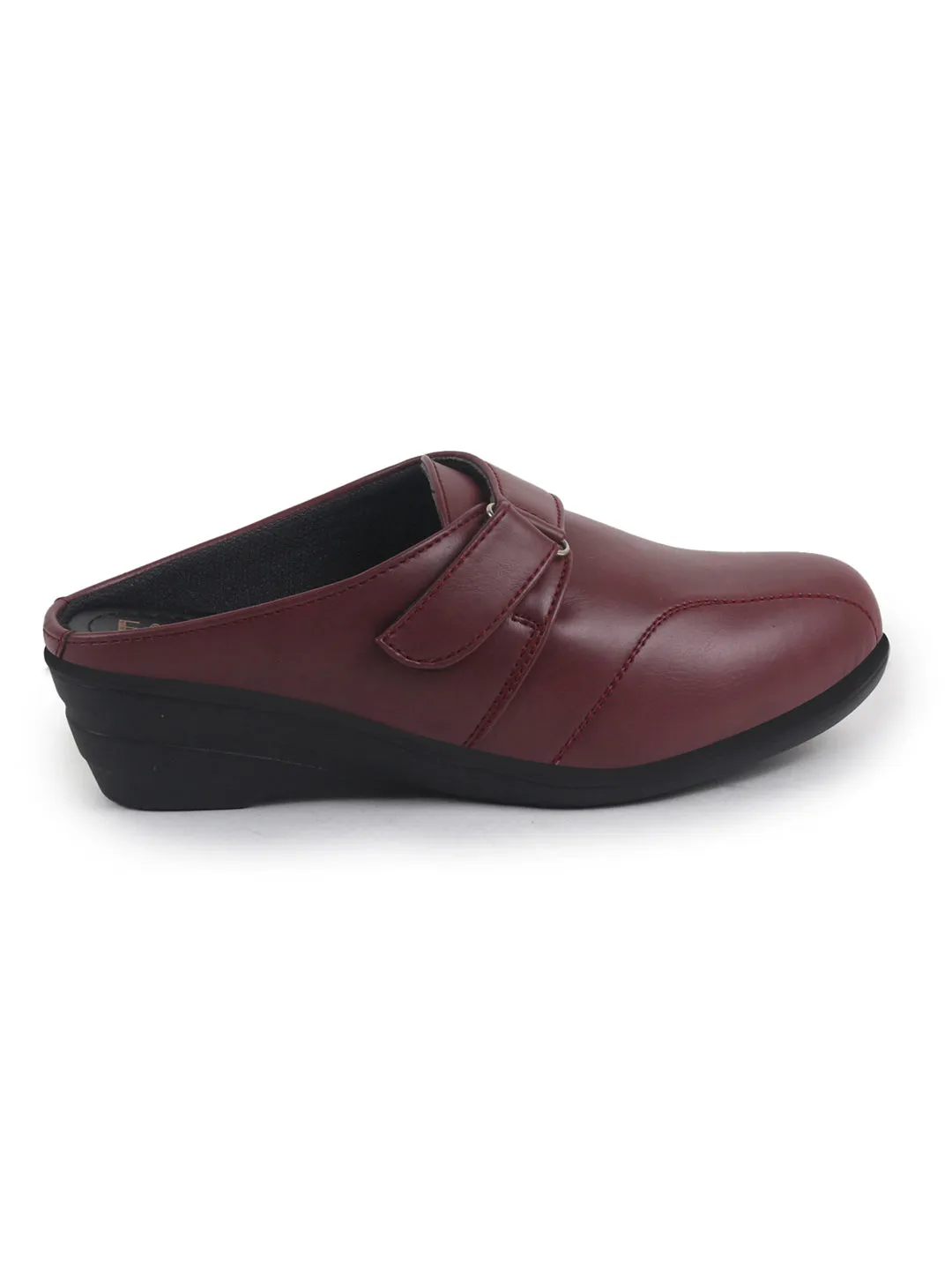 Women Maroon Back Open Formal Slip On Flatform Heel Wedges with Hook and Loop|Adjustable Strap Shoes|Office Meetings