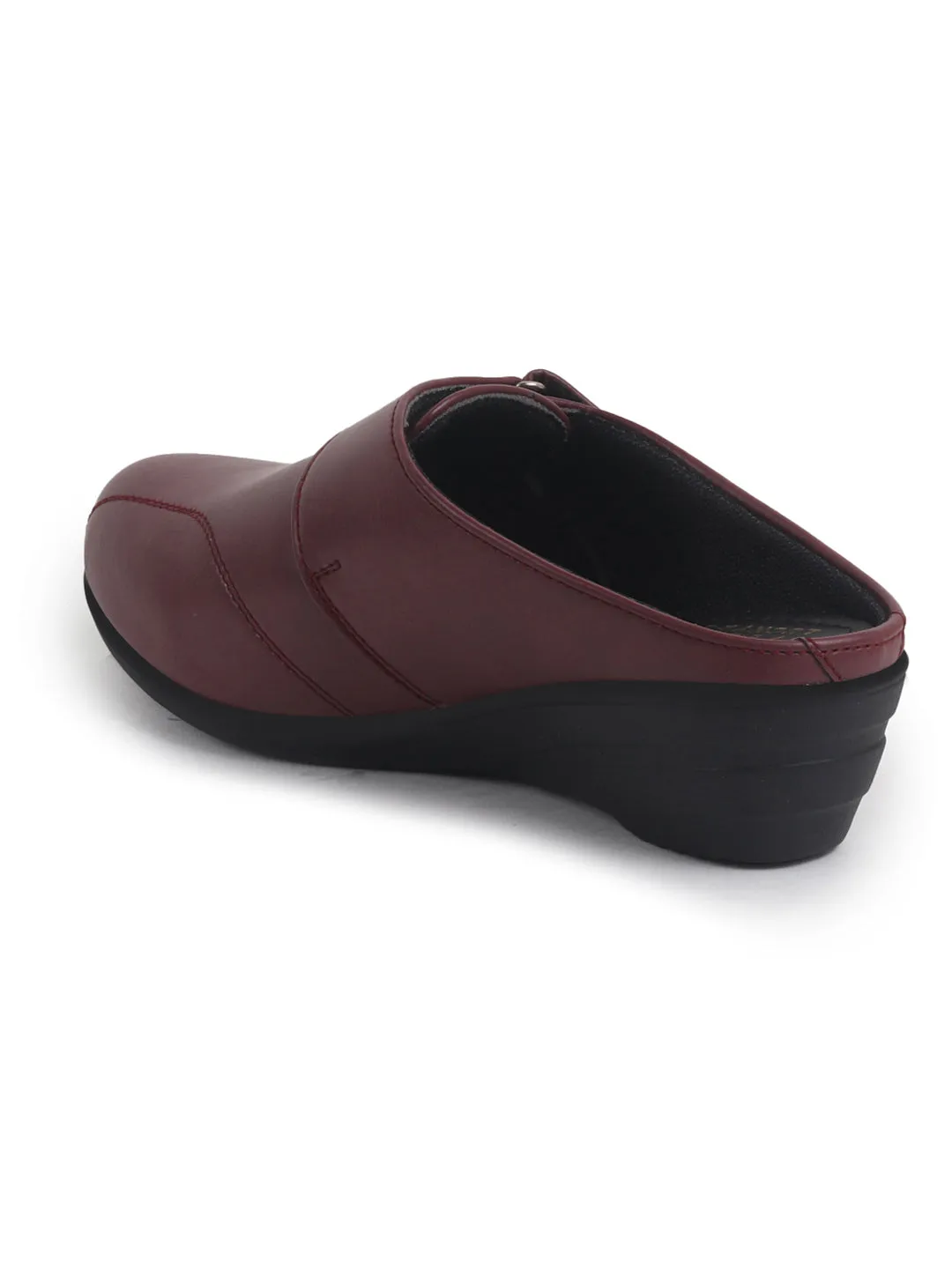 Women Maroon Back Open Formal Slip On Flatform Heel Wedges with Hook and Loop|Adjustable Strap Shoes|Office Meetings