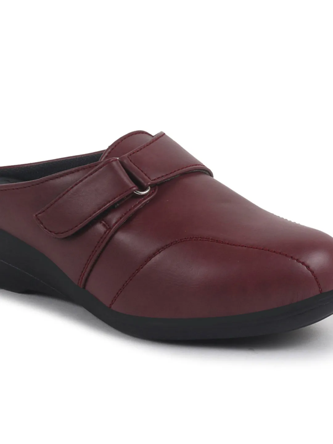 Women Maroon Back Open Formal Slip On Flatform Heel Wedges with Hook and Loop|Adjustable Strap Shoes|Office Meetings