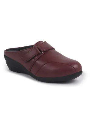 Women Maroon Back Open Formal Slip On Flatform Heel Wedges with Hook and Loop|Adjustable Strap Shoes|Office Meetings