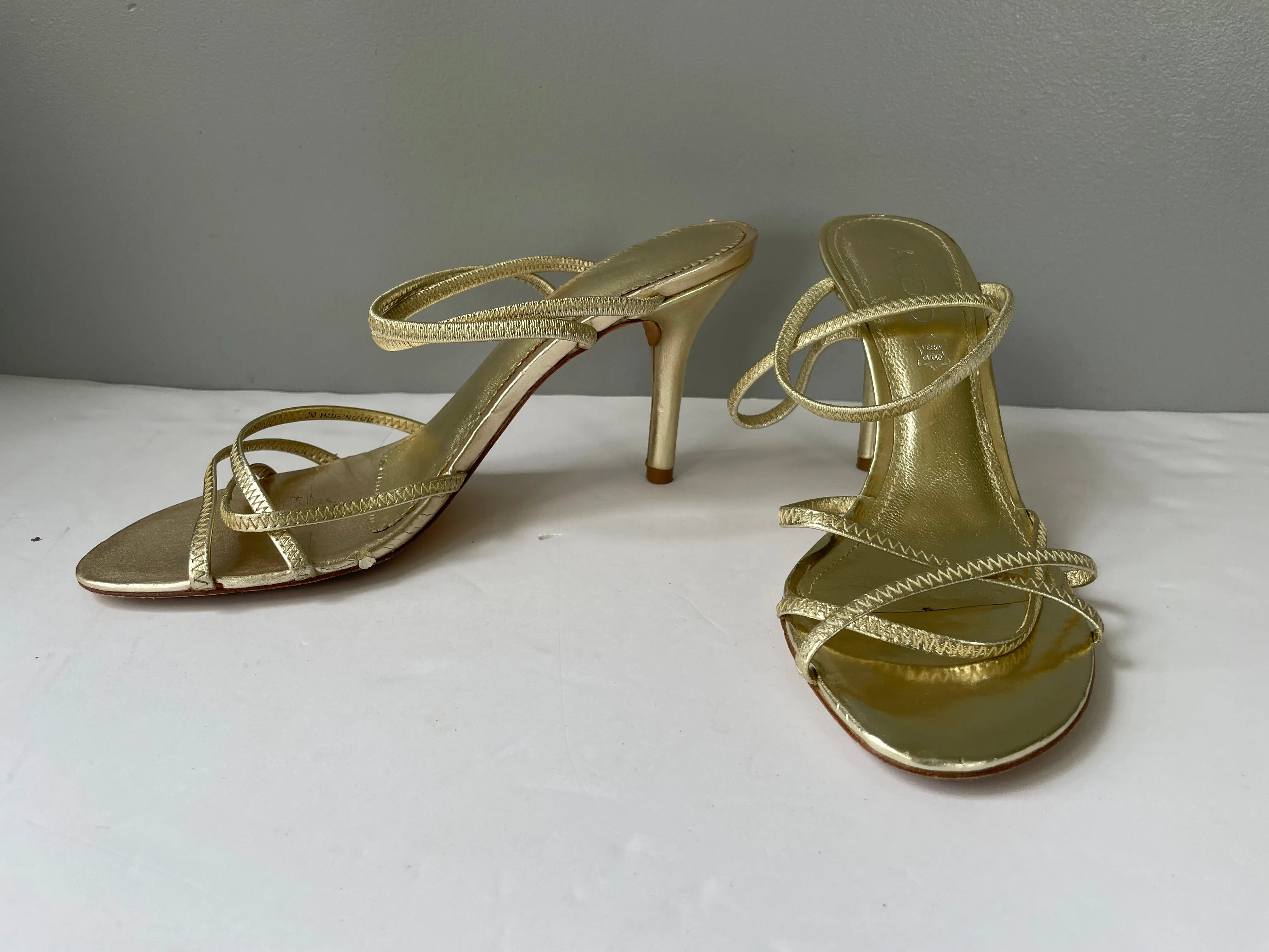 Womens Aldo Gold  Slip On Sandal High Heel Straps Size 7M Sexy