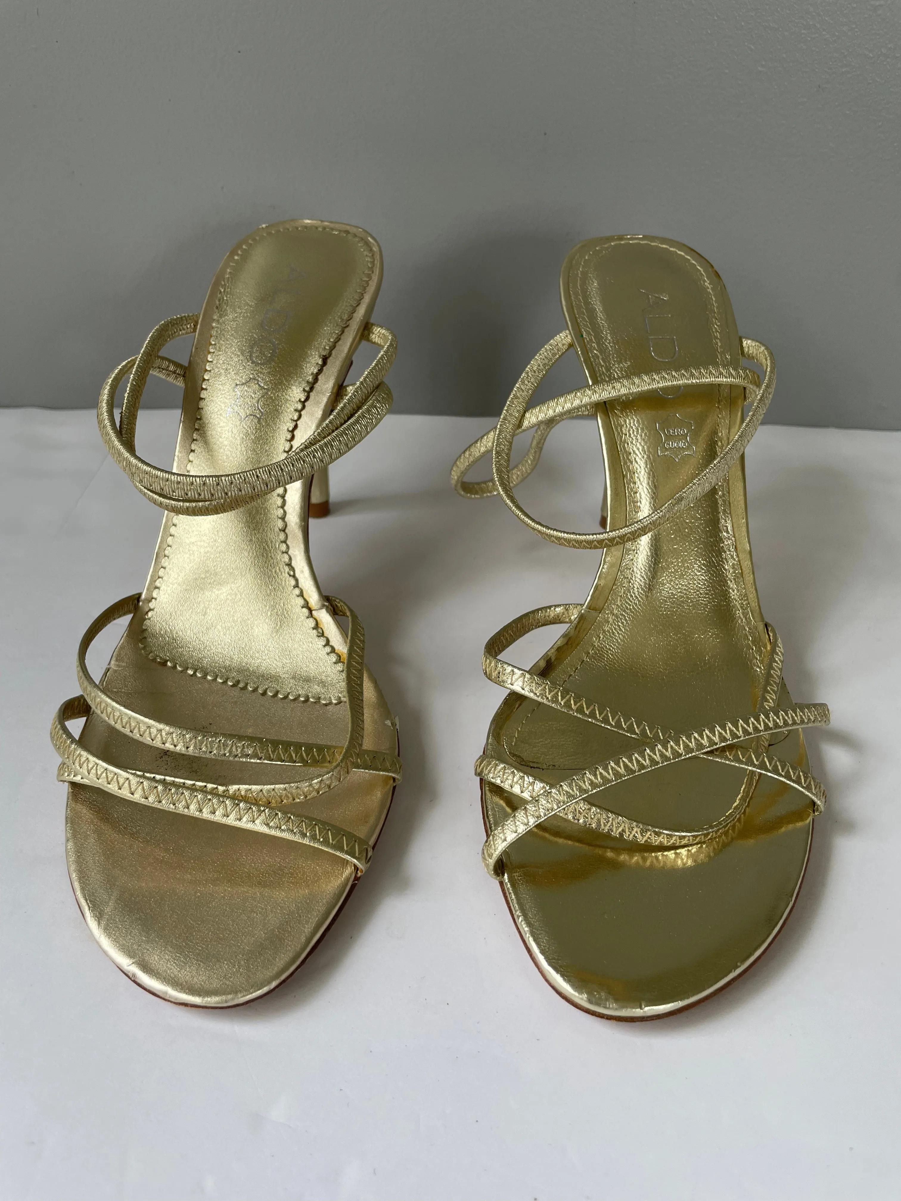 Womens Aldo Gold  Slip On Sandal High Heel Straps Size 7M Sexy