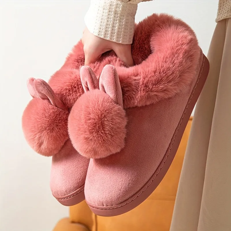 Women's Kawaii Rabbit Decor Slipeprs, Comfortable Plush Lined Slip On Shoes, Women's Warm Winter Shoes