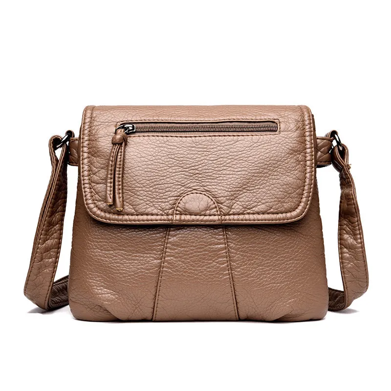 Womens One-shoulder Soft Leather Double Layer Crossbody Bag