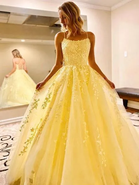 Yellow Long Prom Dress with Appliques Princess Formal Dress PSK194